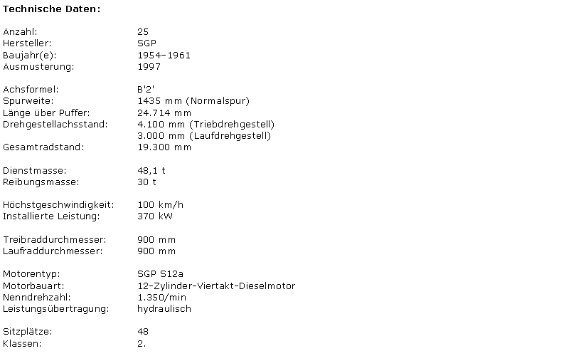 Textfeld: Technische Daten:Anzahl: 				25 Hersteller: 			SGP Baujahr(e): 			19541961 Ausmusterung: 			1997 Achsformel: 			B'2' Spurweite: 			1435 mm (Normalspur) Lnge ber Puffer: 		24.714 mm Drehgestellachsstand: 	4.100 mm (Triebdrehgestell)					3.000 mm (Laufdrehgestell) Gesamtradstand: 		19.300 mm Dienstmasse: 			48,1 t Reibungsmasse: 		30 t Hchstgeschwindigkeit: 	100 km/h Installierte Leistung: 		370 kW Treibraddurchmesser: 	900 mm Laufraddurchmesser: 		900 mm Motorentyp: 			SGP S12a Motorbauart: 			12-Zylinder-Viertakt-Dieselmotor Nenndrehzahl: 			1.350/min Leistungsbertragung: 	hydraulisch Sitzpltze: 			48 Klassen: 				2. 